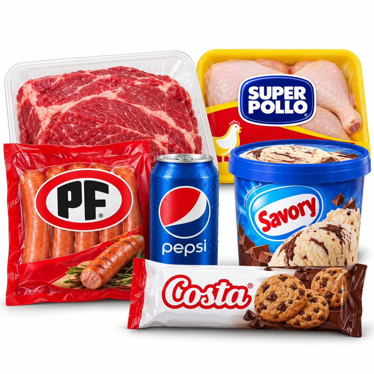 Composición de carnes, pollo, cecinas, bebida, helado y confites representativos de Carnicería Los Vilos