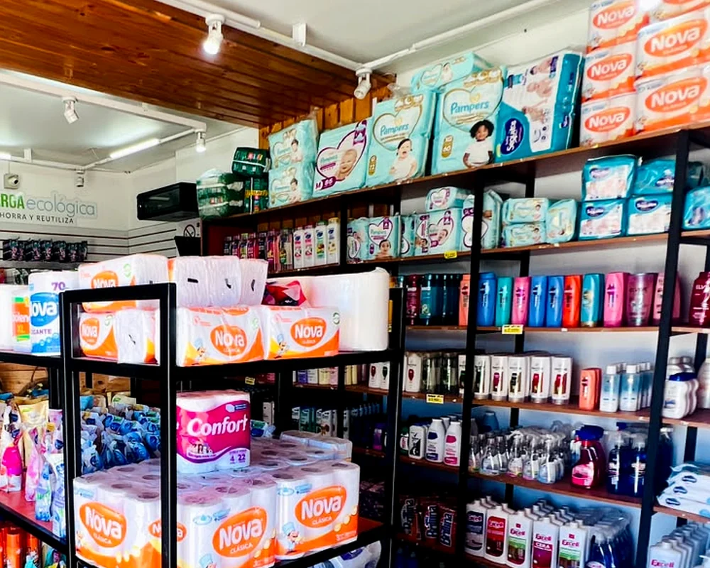 Papel Nova y Confort, pañales Pampers y otros productos exhibidos en Recarga Ecológica